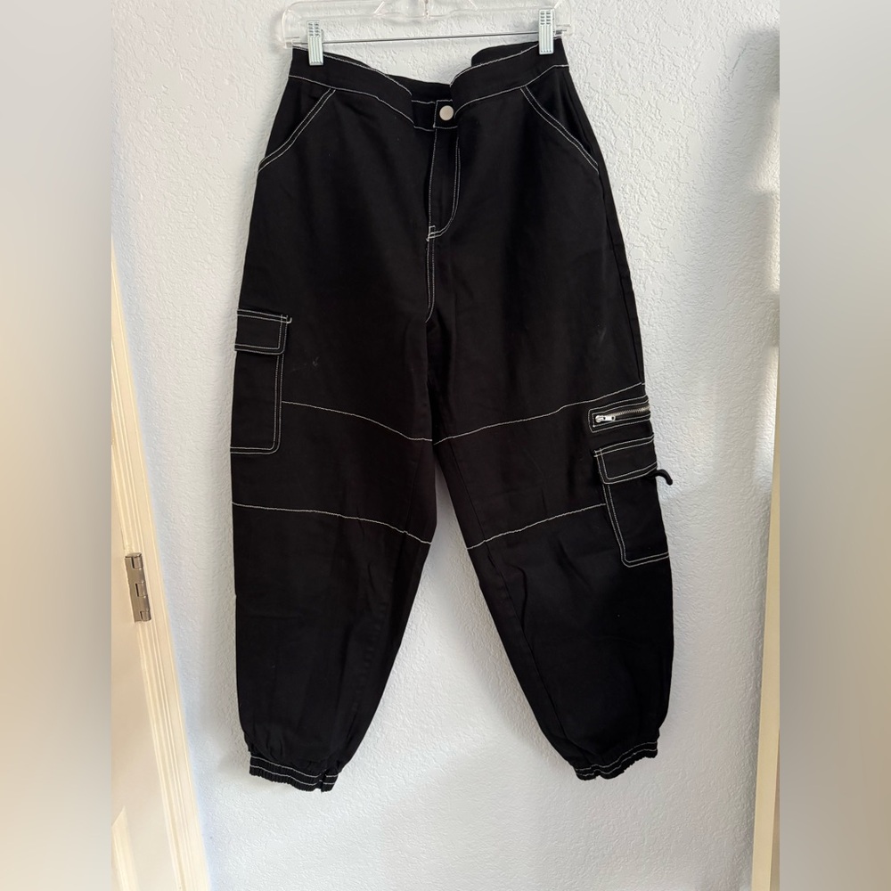 Black Cargo Pants with White Stitching